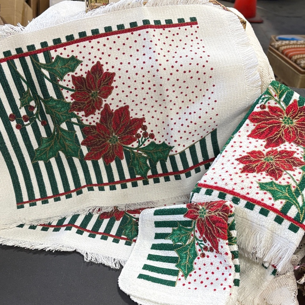 Vintage Festive Poinsettia Holiday placemats and kitchen towel and cloth
